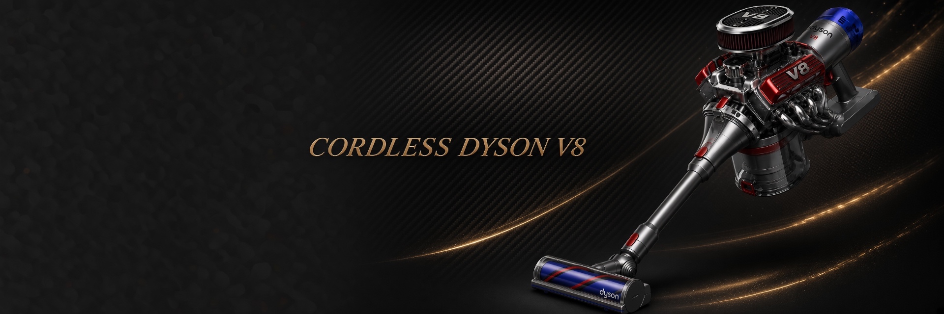 Cordless Dyson V8 with a chrome V8 engine mounted on the motor housing